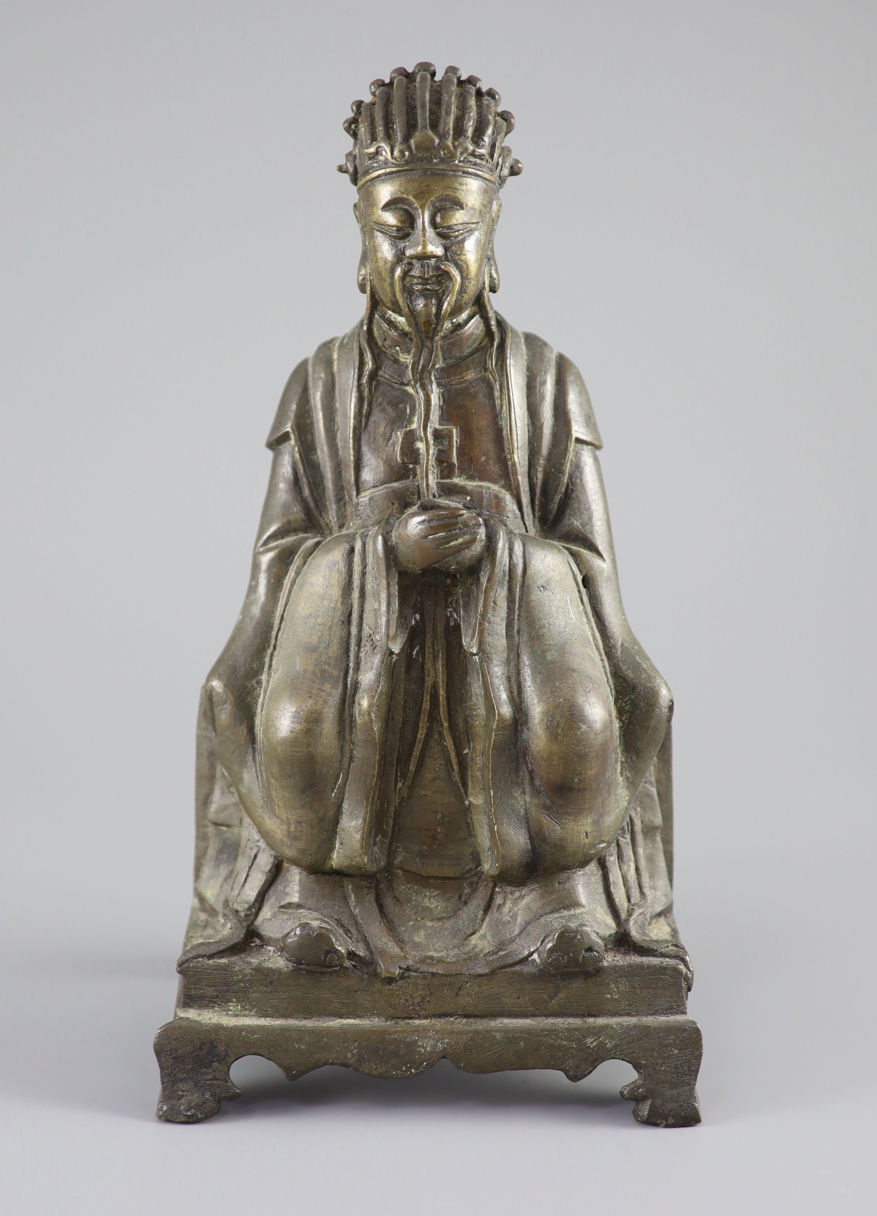 A Chinese bronze seated figure of Wenchang Wang, late Ming dynasty, 17th century, 27 cm high